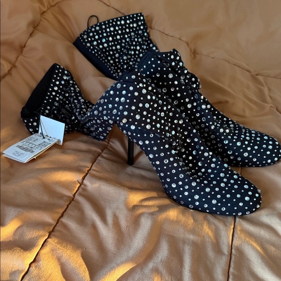 Zara Sheer Slip On Black Holiday Sparkle Rhinestone Studded Women's Boots - Picture 14 of 15